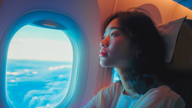 uma garota asiática olhando por uma janela de avião durante o voo