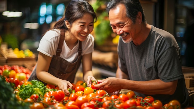 Uma garota asiática sorridente vende tomates a um homem idoso.