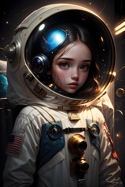 Foto uma garota astronauta em fato espacial no espaço exterior fundo ilustração de papel de parede de ficção científica