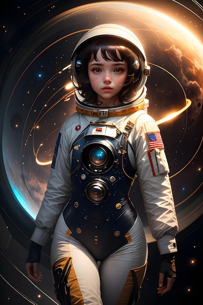 Foto uma garota astronauta em traje espacial no fundo do espaço ilustração de papel de parede de ficção científica