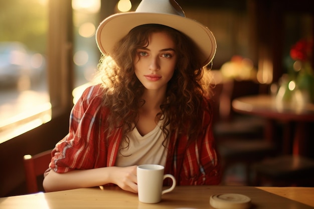 Uma garota atraente em estilo casual come um hambúrguer com café sentada no terraço de verão