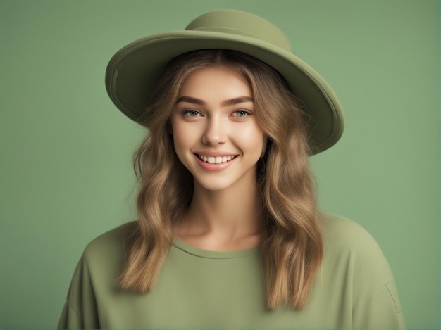 Uma garota australiana vestindo roupas da moda de cor verde pantone e chapéu redondo