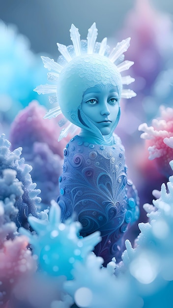 uma garota azul com rosto azul está cercada por bolhas.