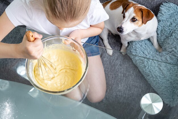 Uma garota bate a massa com um batedor em uma tigela de vidro e um cachorro faminto, jack russell, senta-se ao lado dela.