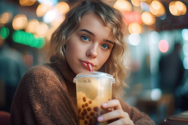 Uma garota bebendo uma xícara de café gelado