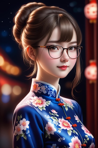 Uma garota bonita com um cheongsam e óculos à noite em cartoon stye