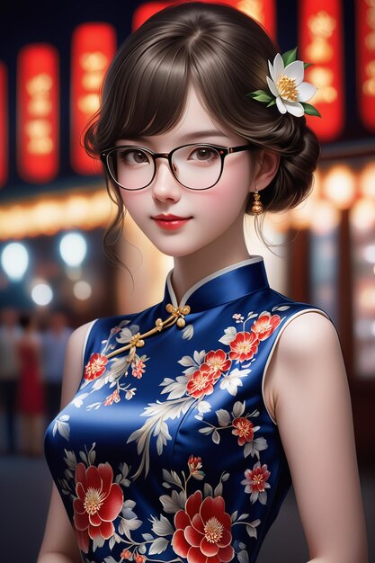 Uma garota bonita com um cheongsam e óculos à noite em cartoon stye