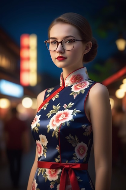 Uma garota bonita com um cheongsam e óculos em um fundo noturno