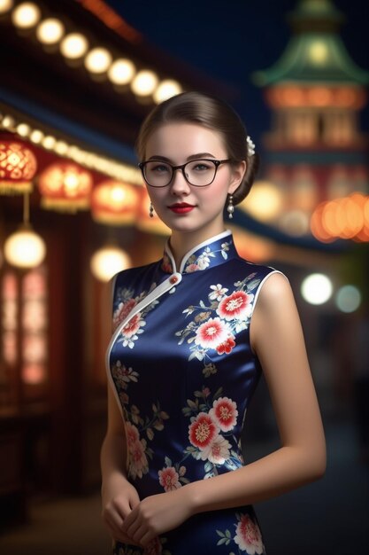 Uma garota bonita com um cheongsam e óculos em um fundo noturno
