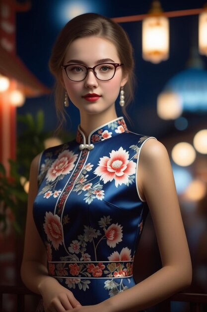 Uma garota bonita com um cheongsam e óculos em um fundo noturno