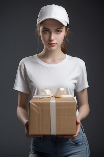 Uma garota bonita com uma camisa branca e um boné está segurando uma caixa de presentes