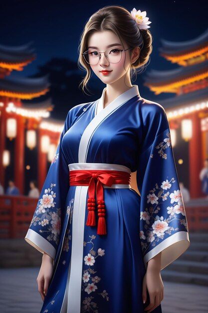 Foto uma garota bonita de hanfu e óculos está de pé em uma cidade à noite em estilo de desenho animado