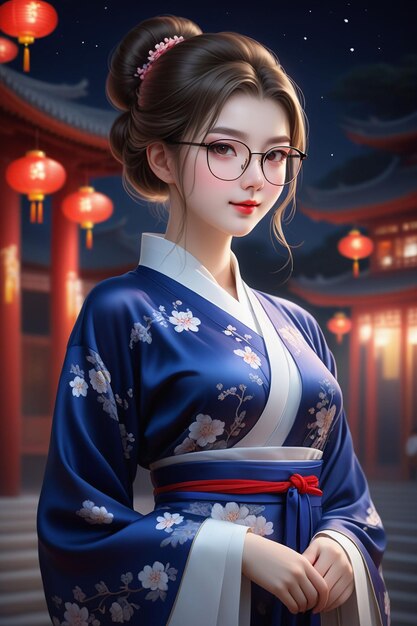 Foto uma garota bonita de hanfu e óculos está de pé em uma cidade à noite em estilo de desenho animado