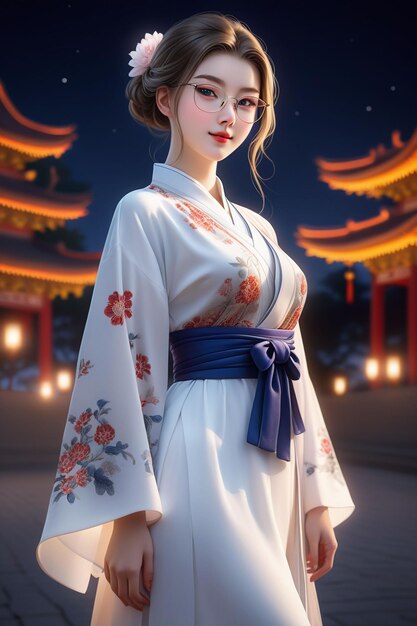 Foto uma garota bonita de hanfu e óculos está de pé em uma cidade à noite em estilo de desenho animado