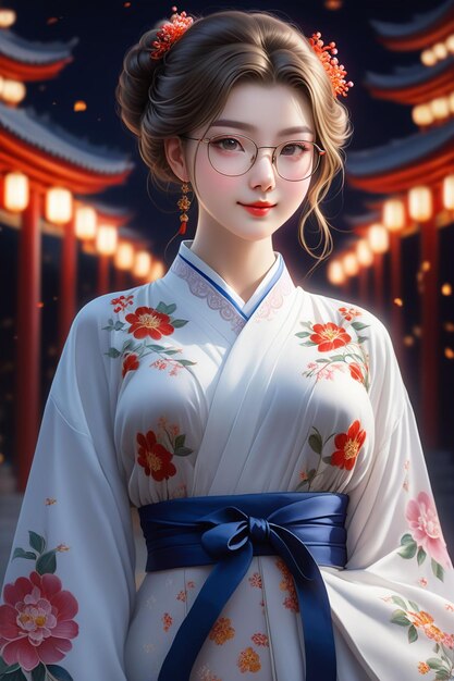 Foto uma garota bonita de hanfu e óculos está de pé em uma cidade à noite em estilo de desenho animado