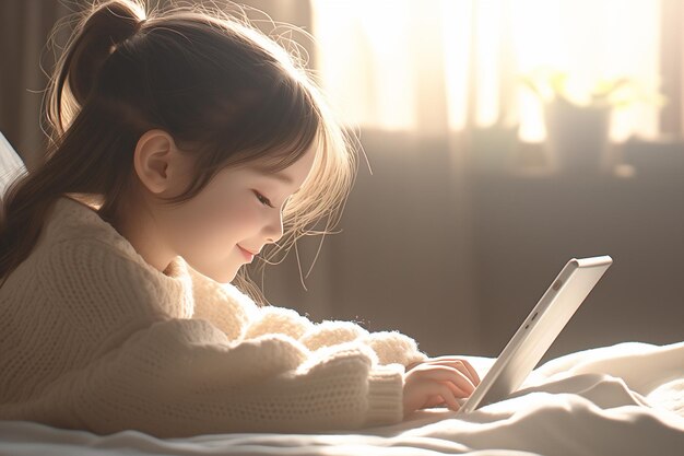 Uma garota bonita deitada na cama assistindo a algo no tablet no conceito de tempo de tela infantil