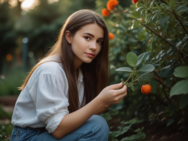 Uma garota bonita é arrancada num jardim.