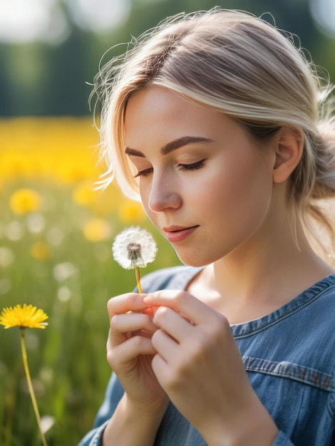 uma garota bonita e atraente com uma flor de dente-de-leão na mão