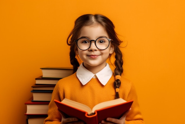 Uma garota bonita e inteligente com óculos segurando um livro na mão gerado por IA