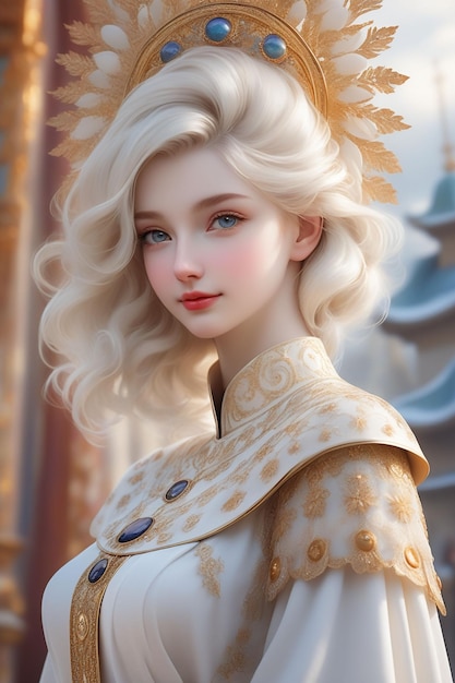 Uma garota bonita em roupas de luxo como um anjo no fundo de fantasia em estilo de desenho animado