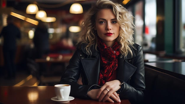 Uma garota bonita está sentada com café em um restaurante