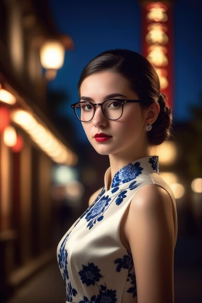 Uma garota bonita está vestindo Cheongsam no fundo da cidade da meia-noite