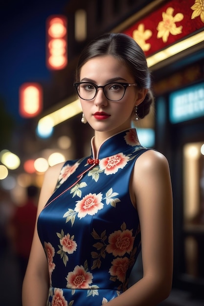 Uma garota bonita está vestindo Cheongsam no fundo da cidade da meia-noite