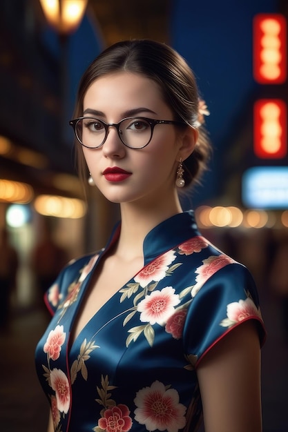 Uma garota bonita está vestindo Cheongsam no fundo da cidade da meia-noite