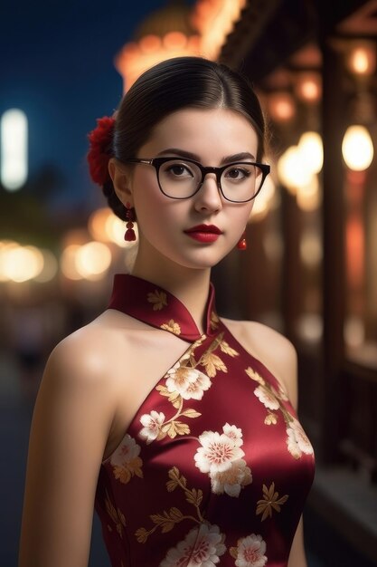 Uma garota bonita está vestindo Cheongsam no fundo da cidade da meia-noite