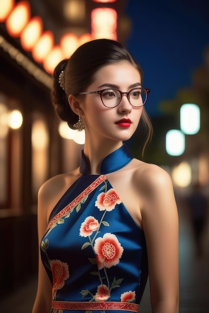 Uma garota bonita está vestindo Cheongsam no fundo da cidade da meia-noite