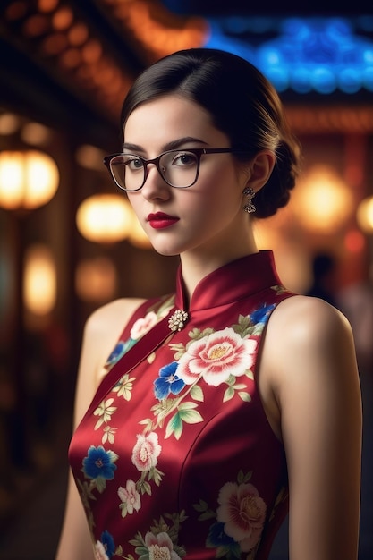 Uma garota bonita está vestindo Cheongsam no fundo da cidade da meia-noite