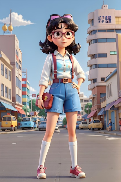 Uma garota bonita, personagem de desenho animado em 3D na estrada criada com IA gerativa