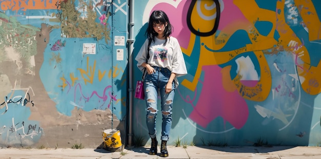 Uma garota bonita posando em frente a uma parede de graffiti Uma garota linda na rua com paredes de graffitis