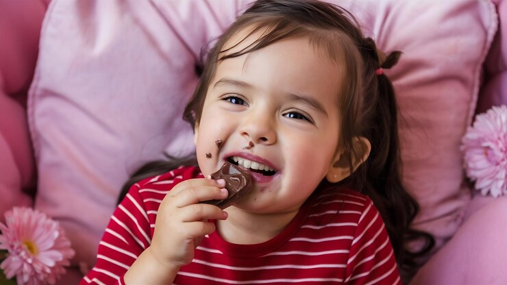 Foto uma garota bonita vestindo uma camisa listrada vermelha comendo um chocolate com uma boca suja no rosa