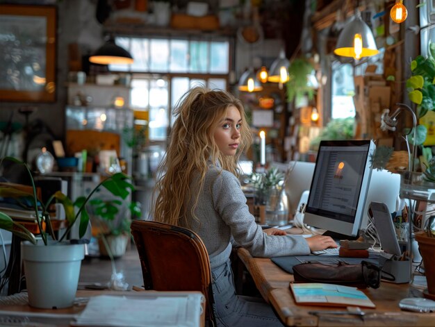 Uma garota brilhante trabalha em um computador em um escritório verde generativo ai