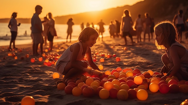 Uma garota brinca com bolas na praia ao pôr do sol.