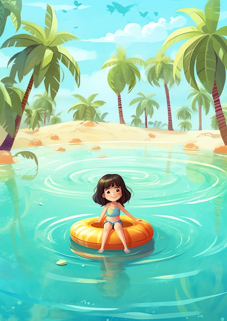 Uma garota brincando na ilustração da praia