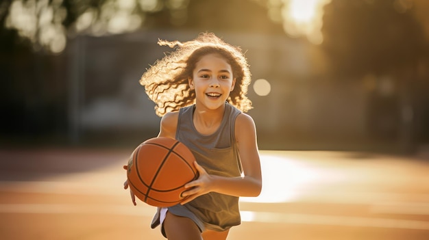 Uma garota com basquete na quadra na temporada de verão