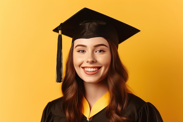 Uma garota com boné e beca de formatura sorri para a câmera.