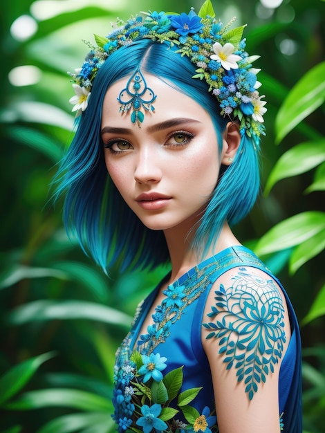 Uma garota com cabelo azul e uma tatuagem de flor no braço