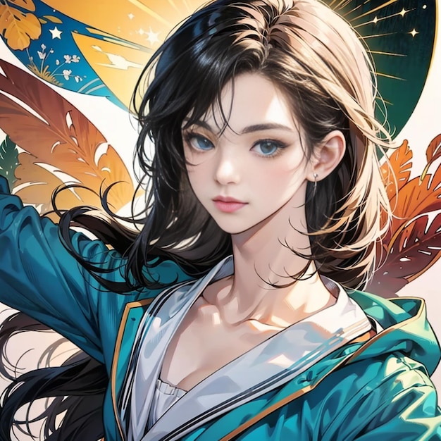 Foto uma garota com cabelo brilhante e uma jaqueta azul olha para a câmera inspirada no anime digital yuumei