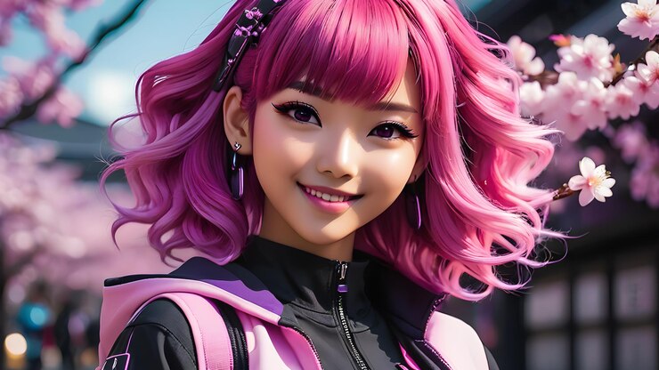 Foto uma garota com cabelo rosa e uma jaqueta preta tem uma faixa de cabelo rosa nele