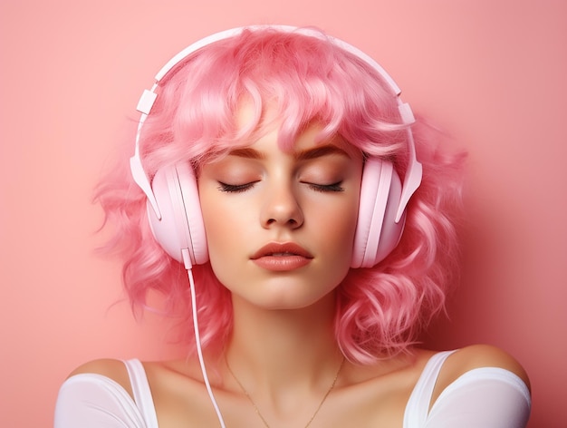 Uma garota com cabelo rosa está ouvindo música em fones de ouvido em um fundo rosa tendência rosa