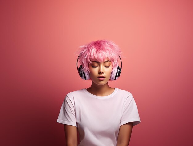 Uma garota com cabelo rosa está ouvindo música em fones de ouvido em um fundo rosa tendência rosa