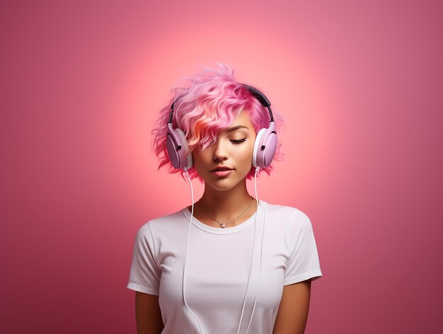 Uma garota com cabelo rosa está ouvindo música em fones de ouvido em um fundo rosa tendência rosa