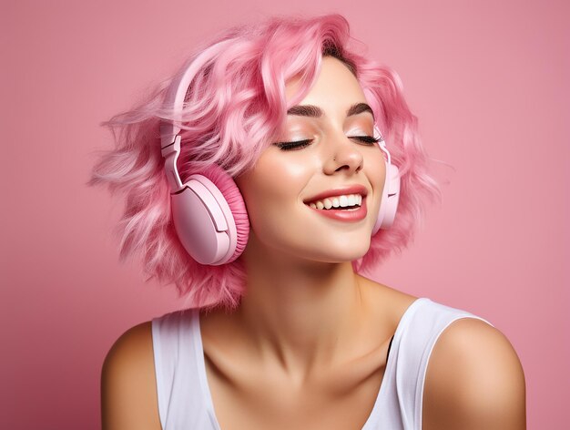 Uma garota com cabelo rosa está ouvindo música em fones de ouvido em um fundo rosa tendência rosa