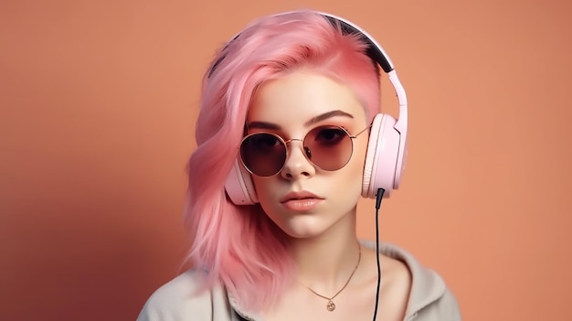 Uma garota com cabelo rosa usando óculos escuros e um fone de ouvido branco
