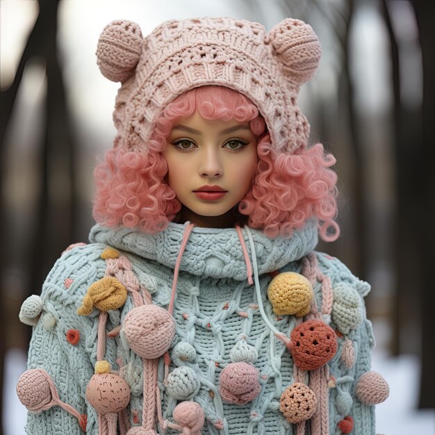 uma garota com cabelo rosa vestindo um chapéu de malha e um suéter