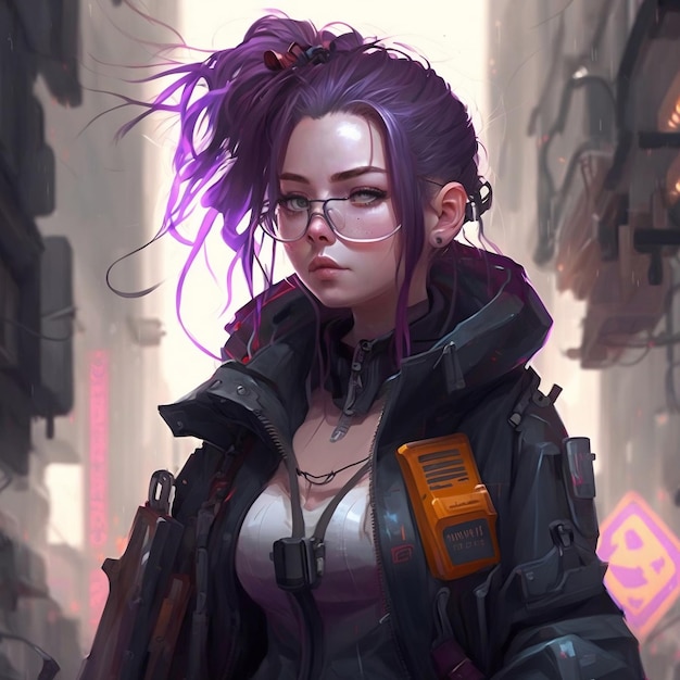 Uma garota com cabelo roxo e óculos está em uma cidade escura.