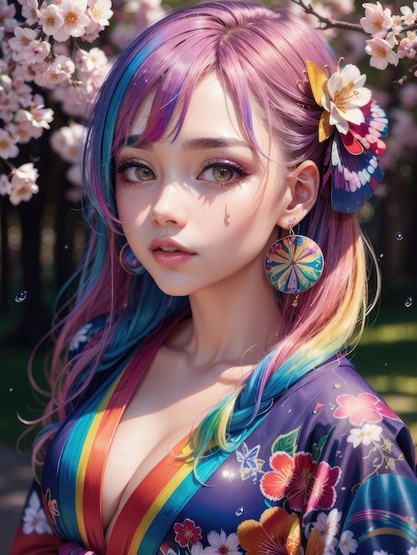 Uma garota com cabelos coloridos e um cabelo de arco-íris.